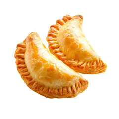 Two Golden Flaky Empanadas on a White Background