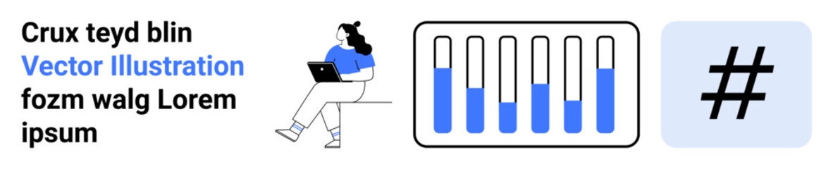 Obraz premium Person working on a laptop, bar graph with blue bars, and metadata tag symbol. Ideal for data analytics, social media, work-from-home concepts, productivity, technology, graphic design, and content