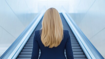 Businesswoman With Blonde Hair Ascending Modern Escalator In Sleek Office Building, Concept Of Professional Growth, Corporate Success, Urban Architecture And Career Advancement