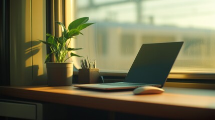 Fototapeta premium Modern workspace ambiance with a laptop, plant, and natural light. Optimal productivity setting for home office inspiration.