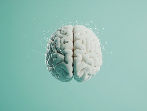 A 3D representation of a brain with connecting lines on a teal background.