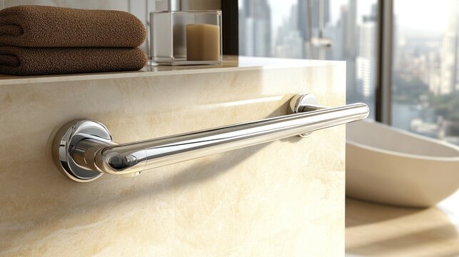 Close up of Stainless steel safety Grab Bars in Bathroom