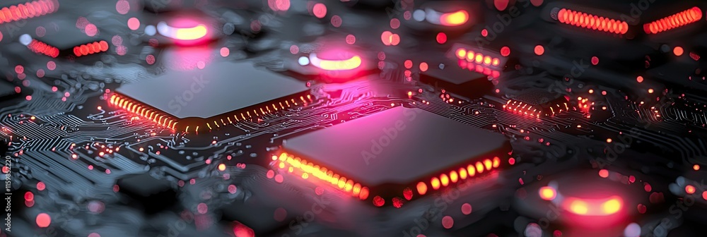 Poster close-up of a circuit board with glowing components, showcasing technology and electronics.