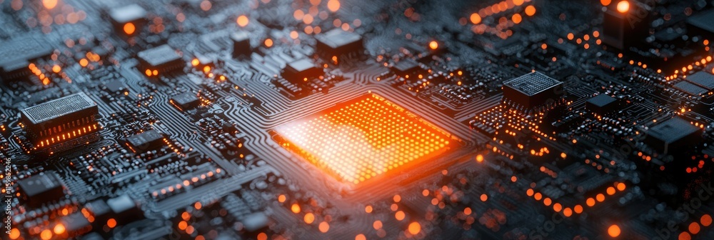 Poster close-up of a circuit board with glowing components, showcasing technology and design.