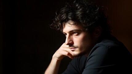 Fototapeta premium Captivating Moody Portrait of a Pensive Curly-Haired Man Reflecting Intense Emotion and Introspective Contemplation