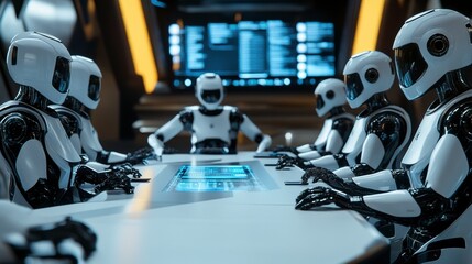 Robots collaborating in futuristic conference room, discussing AI technology innovations. Advanced automation driving future business solutions and strategy.