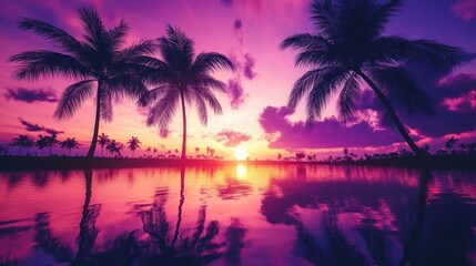 Fototapeta premium Retrowave or Synthwave style background with palms silhouettes at neon sunset sky