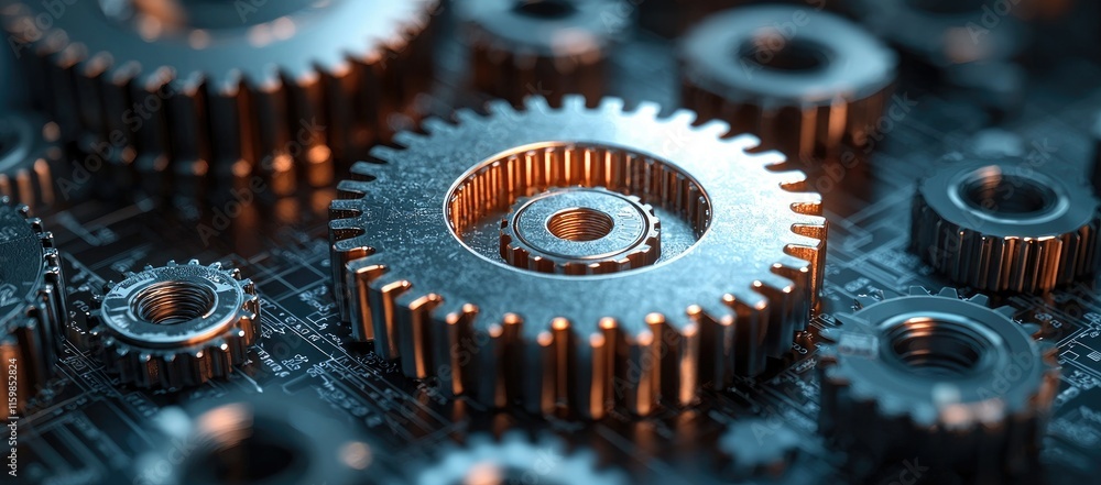 Poster close-up of interlocking metallic gears on a circuit-like background, symbolizing industry and techn