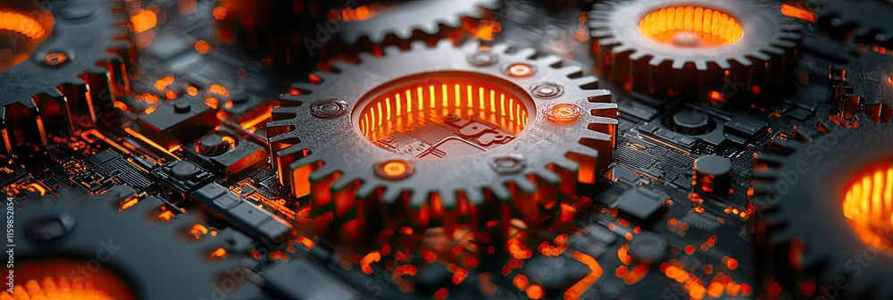 Aufkleber close-up of intricate gears and circuitry with glowing elements, suggesting advanced technology.