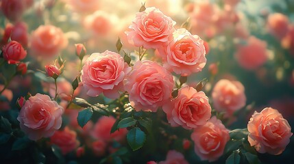Soft Peach Roses Blooming In Sunlight Garden