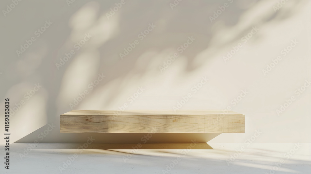 Poster elegant rectangular wooden shelf for product display in minimalist setting with natural shadows. con