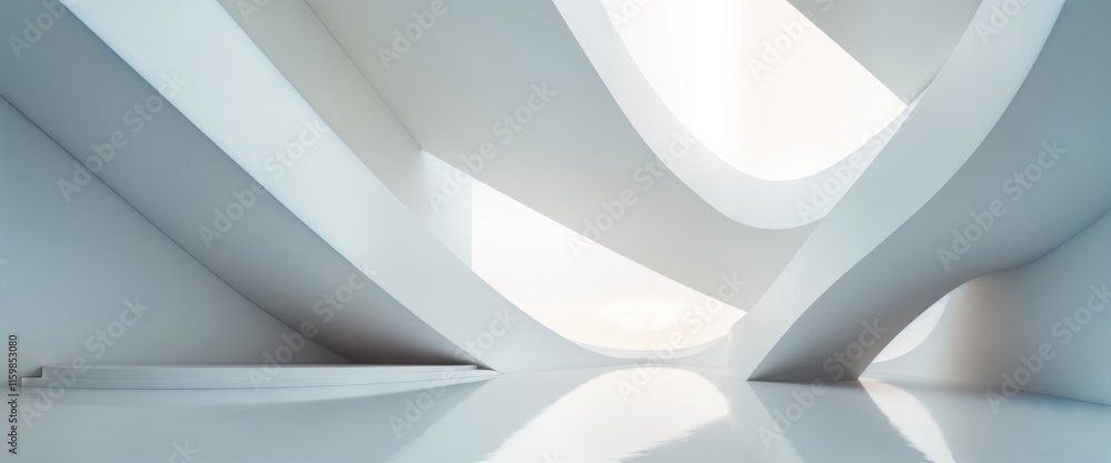 Poster abstract modern architecture interior. white structures intersect creating complex shapes. soft ligh