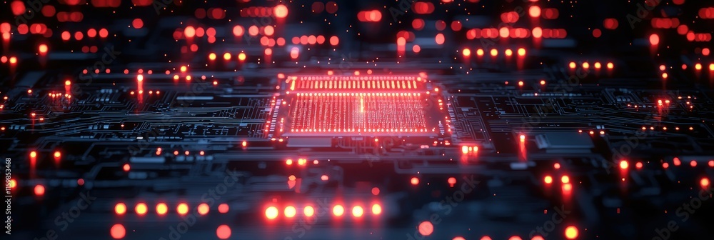 Poster close-up view of a circuit board with illuminated components, showcasing technology.