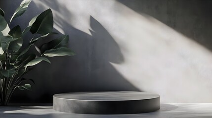 Concrete podium with plant accents and soft shadows