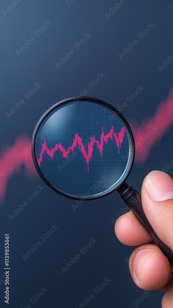 Poster hand holding magnifying glass over digital stock market displaying red graph on dark background for 