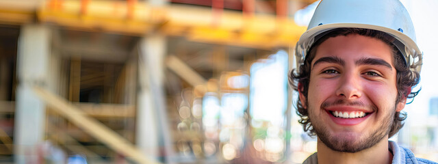 Smiling Hispanic Male Architect at Construction Site Embracing Creativity Confidence and Architectural Design Concepts. Banner. Copy space
