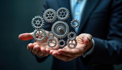 Business leader controls interconnected gears business processes. Hands hold complex system of gears representing operational efficiency. Conceptual image of intelligent management. Strategic