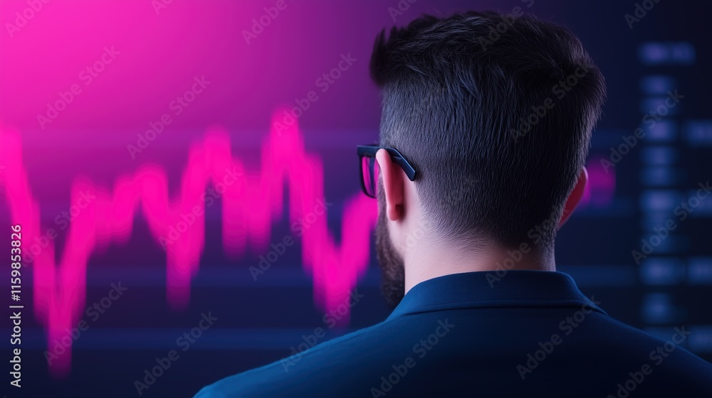 Poster crypto investor analyzing digital currency trends on futuristic interface with vibrant pink data vis