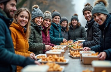 Fototapeta premium Group of volunteers, homeless people share meal outdoors. Smile, happily receive food from charity workers. Volunteers serve food in containers to people in need. People wear warm winter clothes. Day