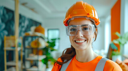 Smiling Caucasian Female Construction Worker in Hard Hat and Safety Gear Indoors. Concept of Women in Engineering, Workplace Safety, Skilled Labor, and Construction Industry