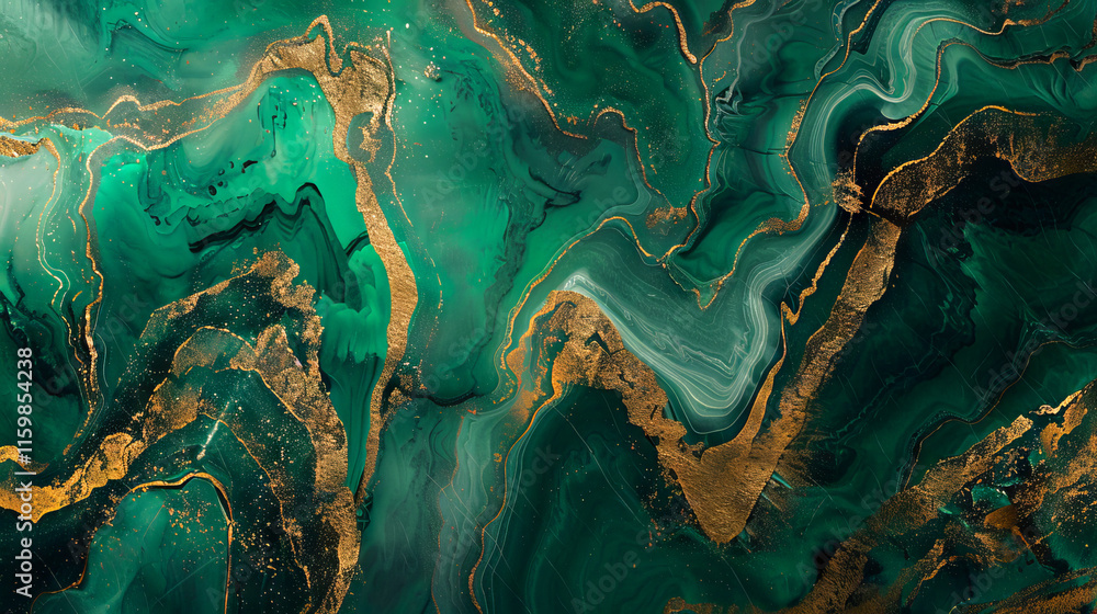 Poster emerald and gold abstract paint texture with fluid gradient patterns in topaz enhance. background