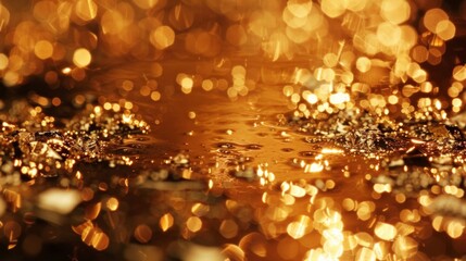 Macro shot of gold flakes gently resting on a reflective surface