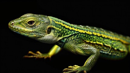 Fototapeta premium Close-up of a vibrant green lizard with yellow stripes on a black background.
