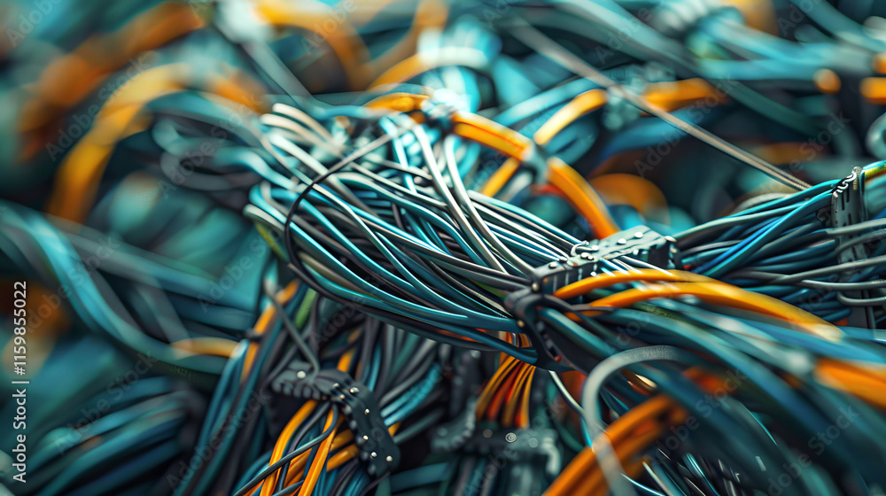 Poster close-up of colorful internet wires in a minimalistic arrangement. concept of connectivity, technolo