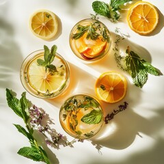 Colorful iced tea garnished with fresh herbs and citrus. Featuring slices of lemon and mint