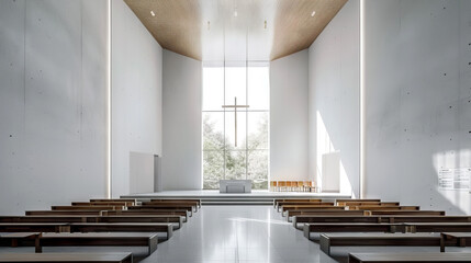 Obraz premium Minimalist Church Interior Featuring Wooden Benches and Cross in Sunlit Serenity. Concept of Spiritual Peace, Modern Architecture, Sacred Spaces, Tranquility, and Religious Design