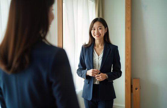 Confident Asian woman stands in front of mirror getting dressed in formal suit. Smiling, preparing for job interview at home. Looks pro, ready to succeed in new career. Wearing formal suit, white