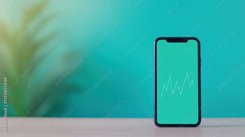 Poster sleek smartphone displaying financial growth app on aqua background with plant element for modern bu