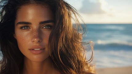 Close-up portrait of a woman with windblown hair on a beach.