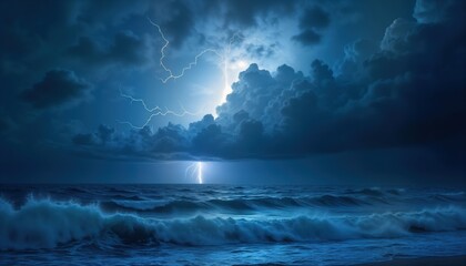 Fototapeta premium Powerful storm rages over ocean at night. Lightning bolts strike dark clouds above stormy sea. Waves crash on shore. Dramatic ocean scene. Nature power. Night. Dangerous weather.