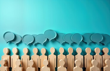 Fototapeta premium Many wooden figures stand in row. Above float numerous teal speech bubbles. Visual represents social communication. People exchange ideas, opinions. Image shows concept about community dialogue.