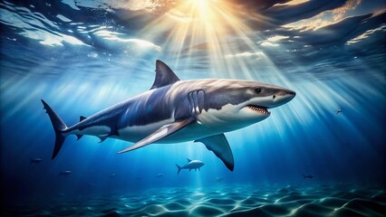 Fototapeta premium Great White Shark in Deep Blue Ocean Landscape Photography