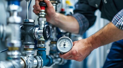 Obraz premium Male Engineer Adjusting Industrial Valves and Pressure Gauge. Concept of Engineering Precision, Technical Skills, Machinery Maintenance, and Industrial Operations