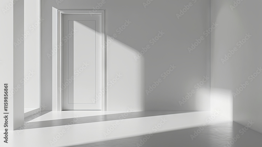 Poster minimalist interior with a narrow doorway and soft sunlight streaming through, creating a serene and