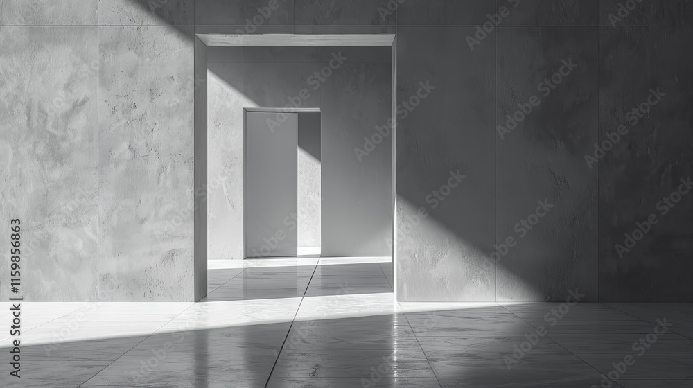 Poster minimalist architectural interior featuring sunlit concrete walls and open doorway creating dramatic