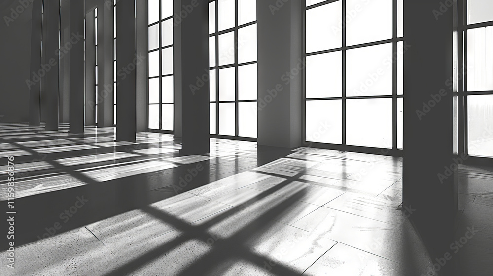 Poster modern sunlit atrium with geometric shadows on white walls and floor creating minimalist and archite
