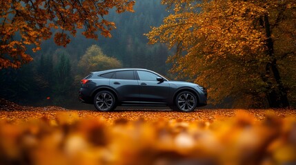 Elegant modern SUV driving on a winding path through a vibrant autumnal forest,with trees full of colorful foliage lining the scenic road.
