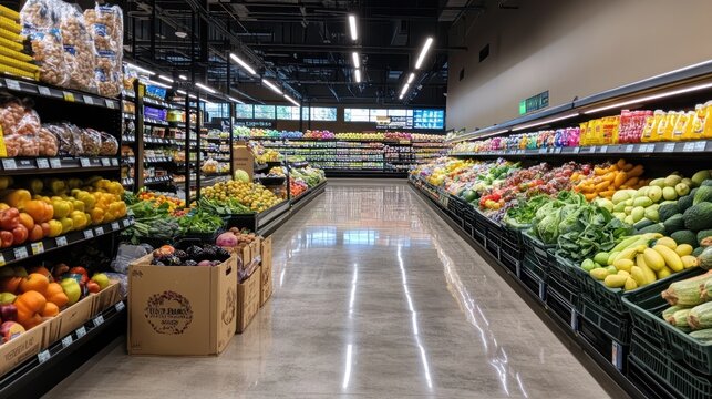 Variety of fresh, organic fruits and vegetables in grocery store
