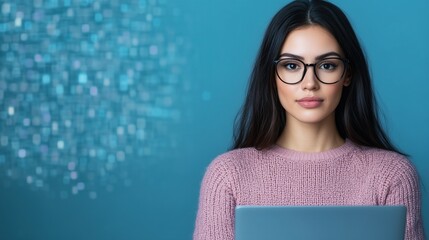 Young Woman Wearing Glasses Interacting with Laptop Featuring Futuristic Digital Interface on Blue Background for Technology and Innovation Themes