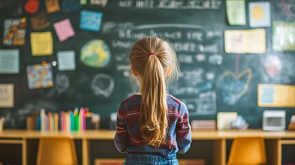 A classroom with messages of welcome written on the chalkboard, featuring a teacher ready to begin the new academic year 