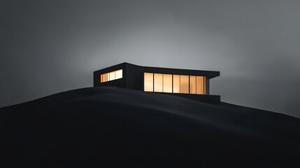 Fototapeta premium Illuminated geometric minimalist villa perched atop a solitary hill,its sleek silhouette silhouetted against the dramatic night sky. The building's clean.