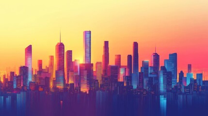 Fototapeta premium Vibrant cityscape skyline at sunset.