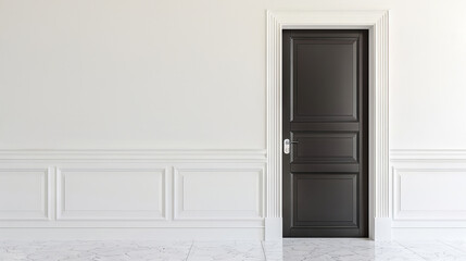 Sleek Black Front Door with Modern Design in Elegant Interior Setting. Concept of Contemporary Architecture, Minimalist Home Decor, and Stylish Entrance Design. Copy space