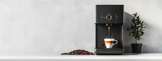 Sleek Black Coffee Machine Brewing Hot Espresso on Minimalistic White Countertop. Concept of Modern Kitchen Appliances, Home Brewed Coffee, Minimalist Design, and Morning Routine. Banner. Copy space