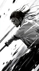 Close-up in highly cartoon, comics style. A samurai strikes decisively, his katana slicing through the air with unwavering precision