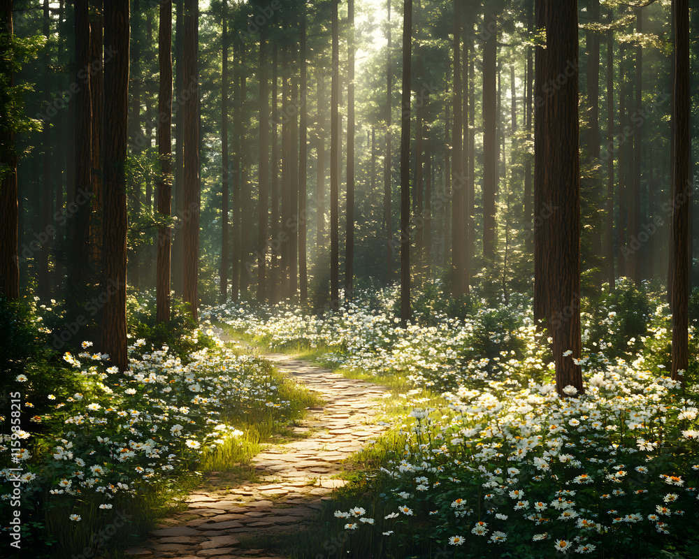 Poster sunlit forest path meanders through a field of daisies, creating a magical, serene atmosphere. perfe